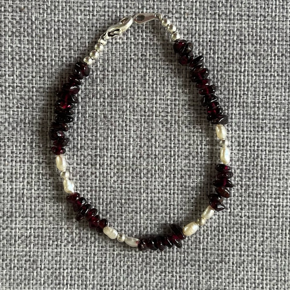 Garnet & Pearl Beaded Bracelet with Silver Accents